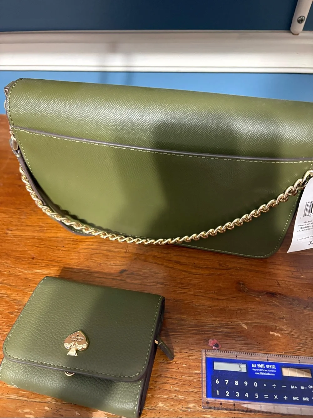 kate spade olive green saffiano leather shoulder bag with matching wallet